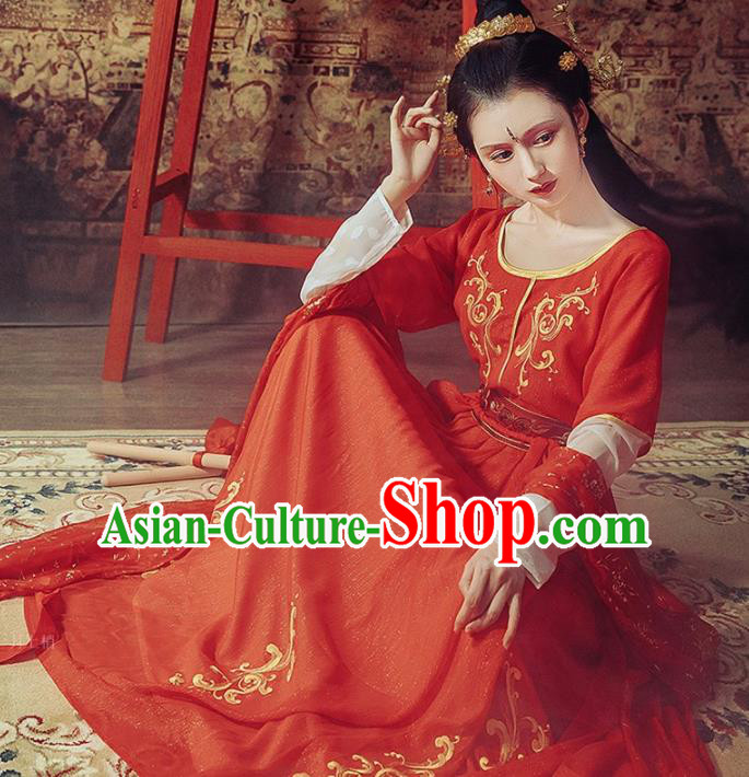 Chinese Tang Dynasty Princess Historical Costumes Ancient Peri Embroidered Red Hanfu Dress for Women