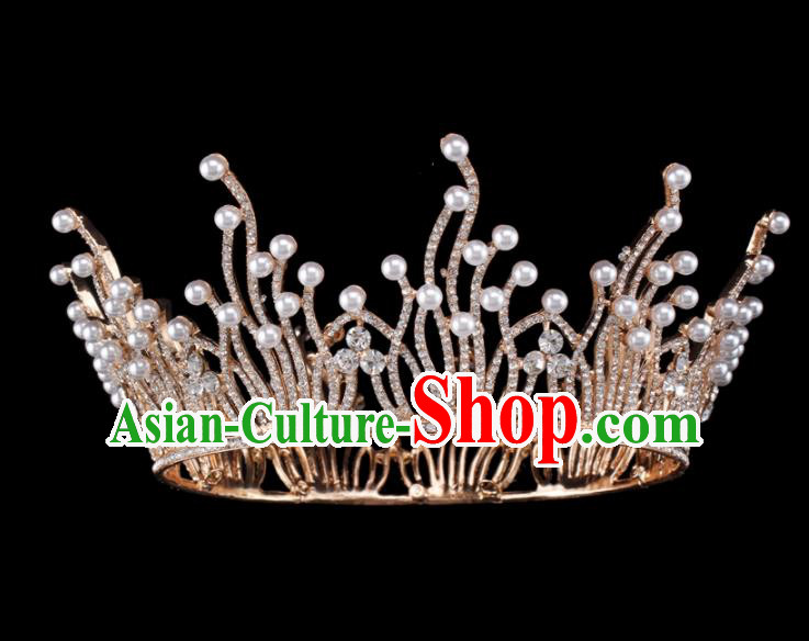 Baroque Style Bride Hair Accessories Queen Round Crystal Pearls Royal Crown for Women