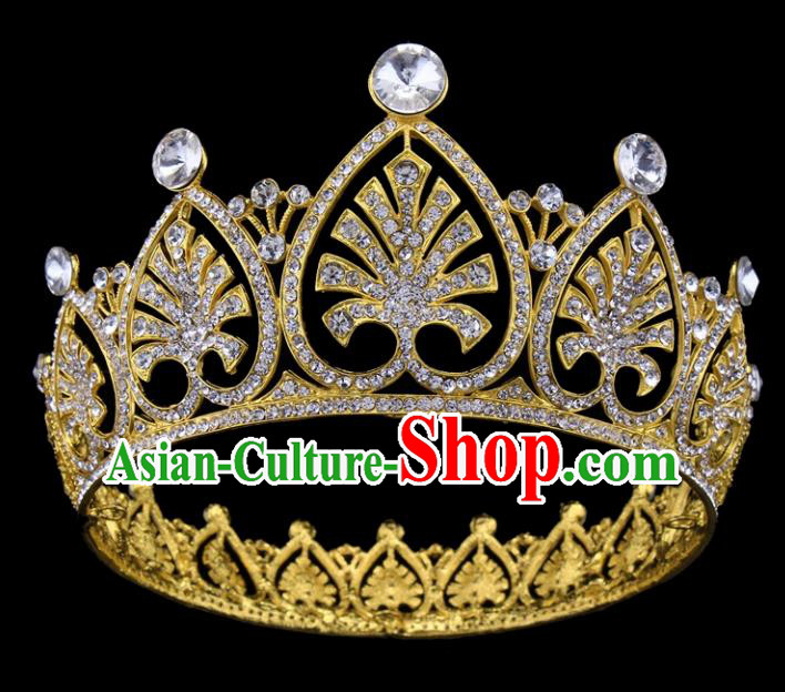 Top Grade Baroque Style Golden Crystal Royal Crown Bride Retro Wedding Hair Accessories for Women