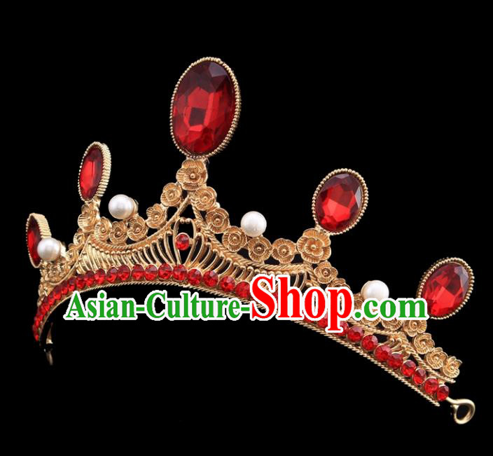 Top Grade Bride Wedding Hair Jewelry Accessories Baroque Red Crystal Royal Crown for Women