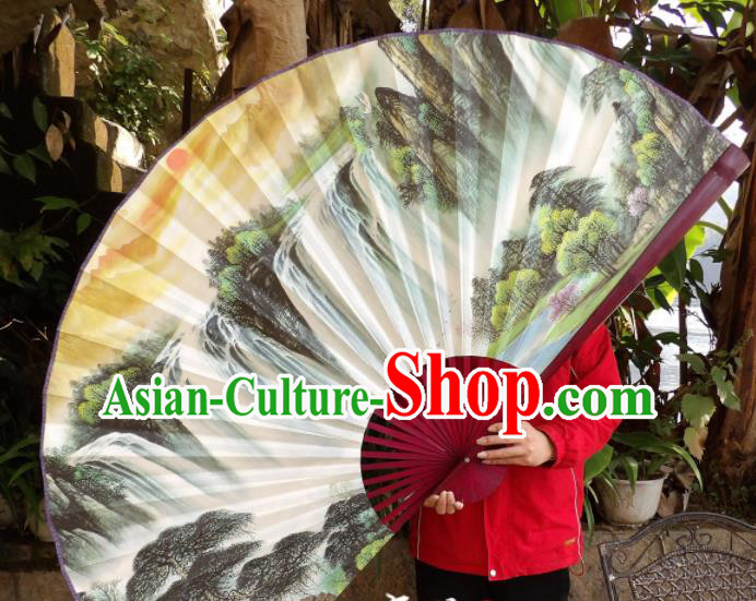 Chinese Traditional Fans Decoration Crafts Hand Painting Waterfall Landscape Red Frame Folding Fans Paper Fans