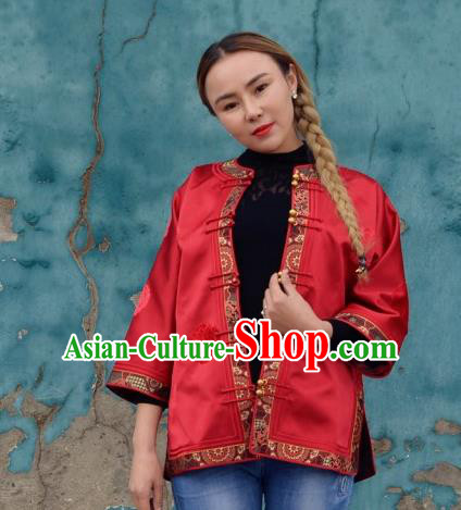 Chinese Traditional Mongol Ethnic Costume Mongolian Minority Nationality Red Brocade Blouse for Women