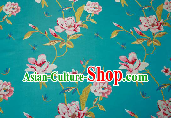 Traditional Chinese Lake Blue Satin Brocade Drapery Classical Embroidery Peony Pattern Design Cushion Silk Fabric Material