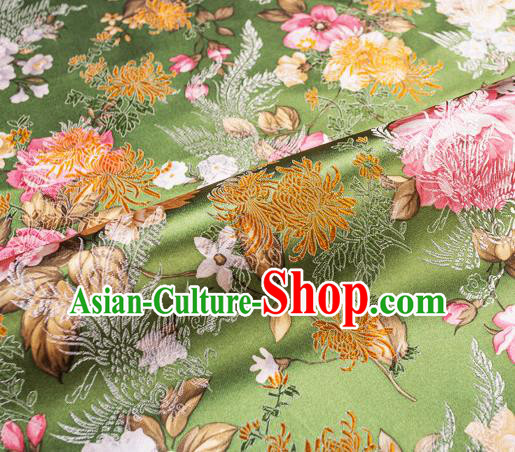 Traditional Chinese Classical Green Satin Brocade Drapery Chrysanthemum Peony Pattern Design Qipao Dress Silk Fabric Material