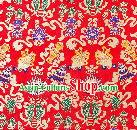 Traditional Chinese Red Nanjing Brocade Drapery Classical Fishes Pattern Design Satin Qipao Dress Silk Fabric Material