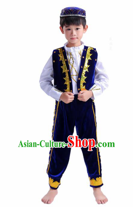 Chinese Traditional Uigurian Ethnic Costumes Uyghur Nationality Boy Folk Dance Royalblue Clothing for Kids