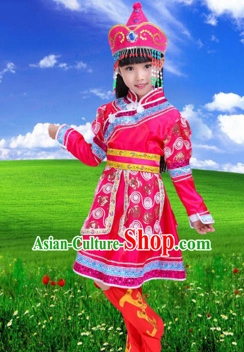 Chinese Mongolian Ethnic Costumes Traditional Mongol Nationality Folk Dance Rosy Dress for Kids