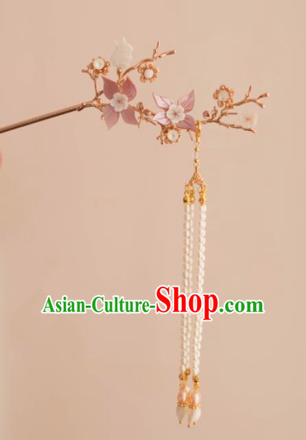 Chinese Traditional Handmade Pink Flowers Hair Clip Hair Accessories Ancient Tassel Hairpins for Women
