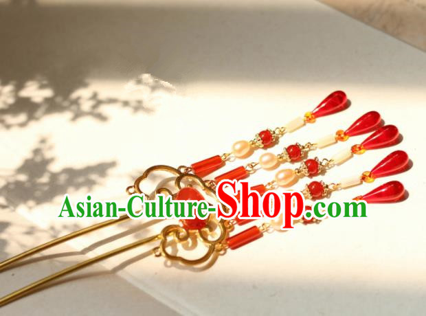Chinese Traditional Handmade Hair Clip Hair Accessories Ancient Red Agate Tassel Hairpins for Women