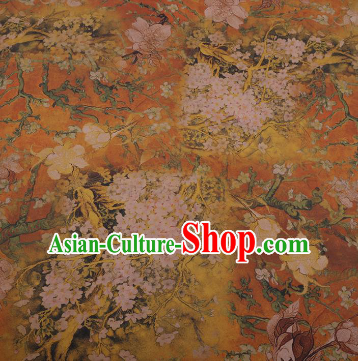 Chinese Classical Golden Satin Plain Cheongsam Drapery Silk Fabric Traditional Pear Flowers Pattern Gambiered Guangdong Gauze