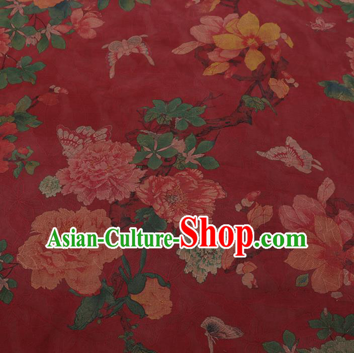 Chinese Classical Red Satin Plain Traditional Butterfly Peony Pattern Cheongsam Drapery Silk Fabric Gambiered Guangdong Gauze