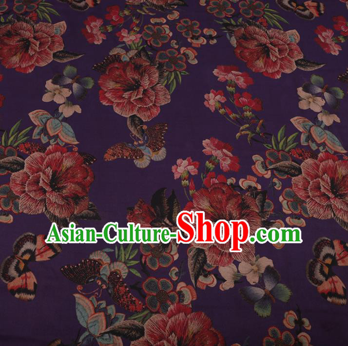 Chinese Traditional Purple Silk Fabric Classical Peony Pattern Satin Plain Cheongsam Drapery Gambiered Guangdong Gauze