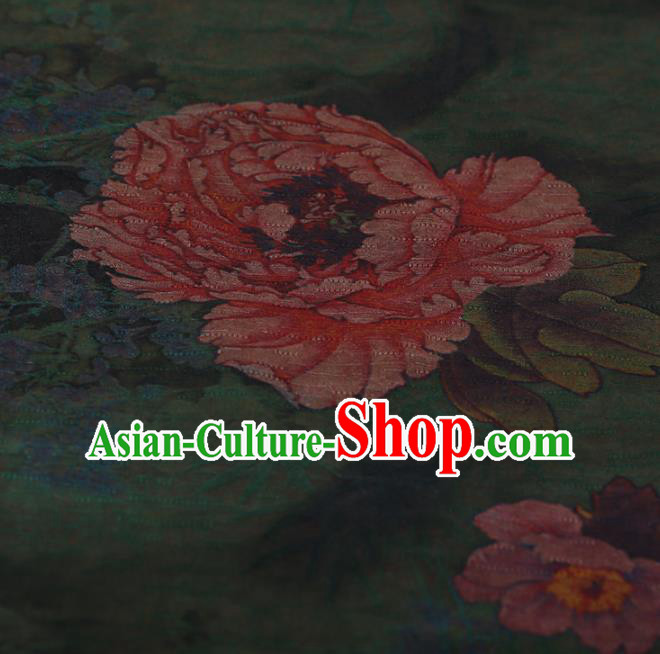 Chinese Traditional Green Silk Fabric Classical Peony Pattern Satin Plain Cheongsam Drapery Gambiered Guangdong Gauze