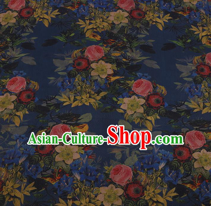 Chinese Traditional Silk Fabric Classical Roses Pattern Blue Satin Plain Cheongsam Drapery Gambiered Guangdong Gauze