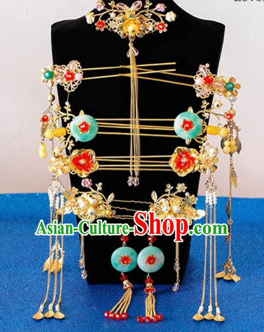 Chinese Traditional Wedding Jade Phoenix Coronet Ancient Bride Handmade Hair Accessories for Women