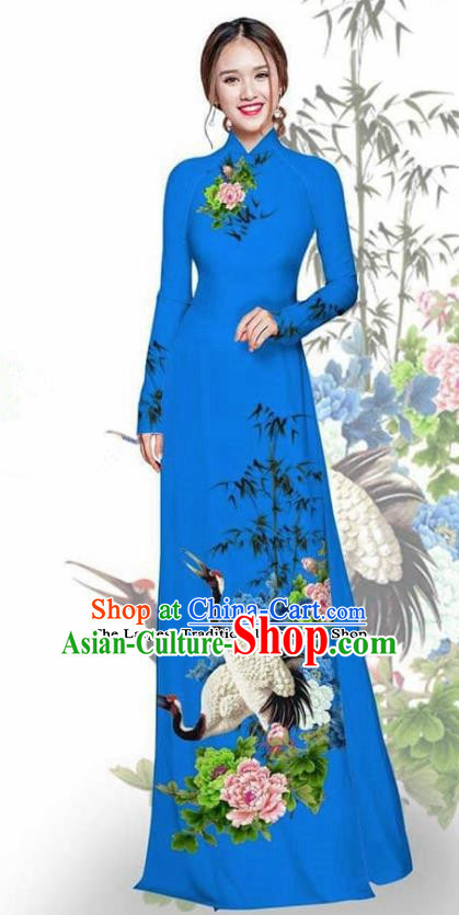 Asian Vietnam Traditional Printing Crane Peony Deep Blue Cheongsam Vietnamese Ao Dai Qipao Dress for Women