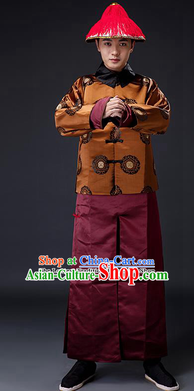 Traditional Chinese Ancient Drama Costumes Qing Dynasty Imperial Bodyguard Clothing and Hat for Men