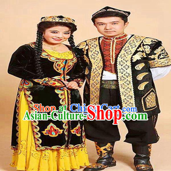 Chinese Ethnic Minority Folk Dance Embroidered Dress Traditional Uyghur Nationality Bride and Bridegroom Costumes
