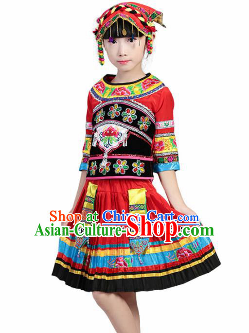 Chinese Traditional Minority Folk Dance Clothing Yi Ethnic Dance Red Dress for Kids