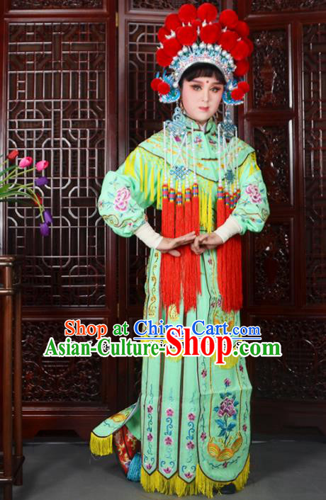 Traditional Chinese Peking Opera Blues Costumes Ancient Female General Green Dress and Hat for Adults