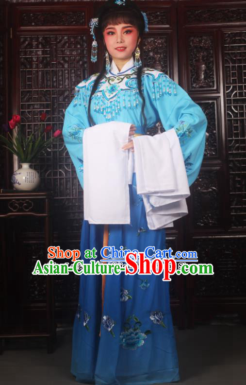 Traditional Chinese Peking Opera Diva Costumes Ancient Palace Princess Blue Embroidered Dress for Adults