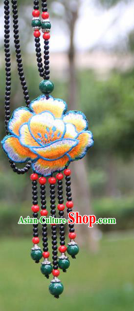 Chinese Traditional Jewelry Accessories Yunnan Minority Embroidered Blue Peony Necklace for Women