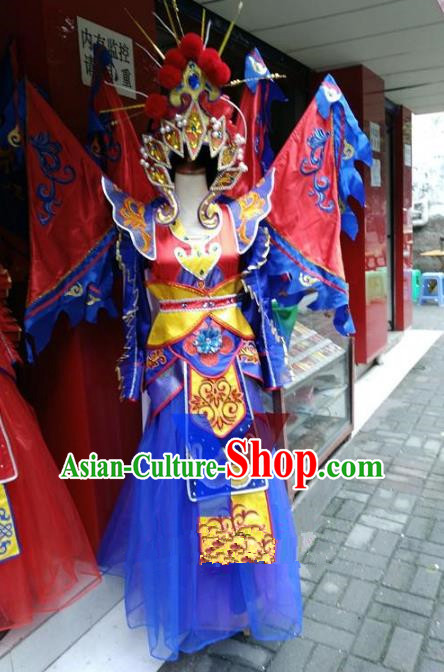 Traditional Chinese Beijing Opera Magic Warriors Blue Costume, China Peking Opera Blues Clothing for Women