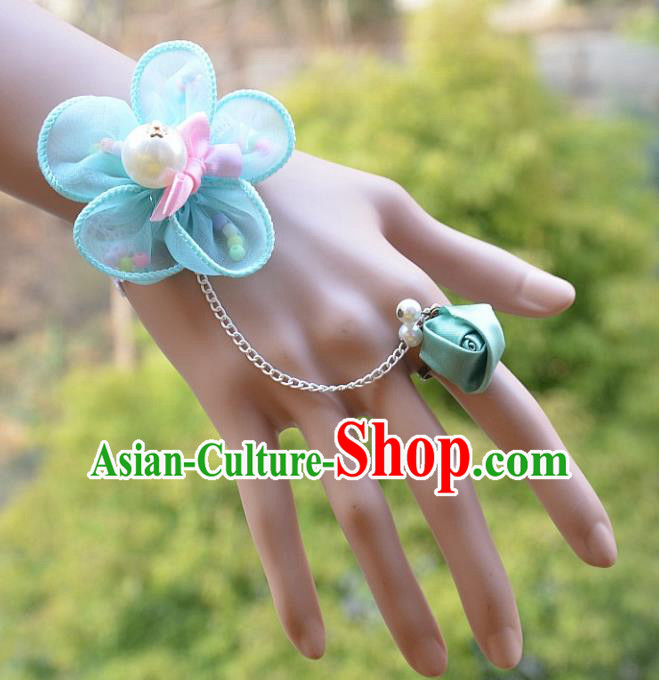 European Western Bride Wrist Accessories Vintage Renaissance Blue Flower Gothic Bracelet with Ring for Women