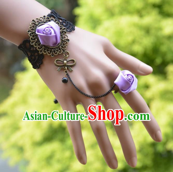 European Western Bride Wrist Accessories Vintage Renaissance Purple Rose Bracelet with Ring for Women