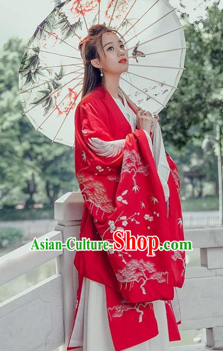 China Ancient Palace Princess Costume Embroidered Red Wide Sleeve Cardigan for Women