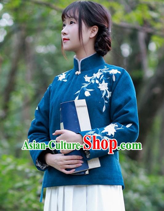 Traditional Chinese National Costume Embroidered Hanfu Navy Cotton-padded Blouse Tangsuit Shirts for Women