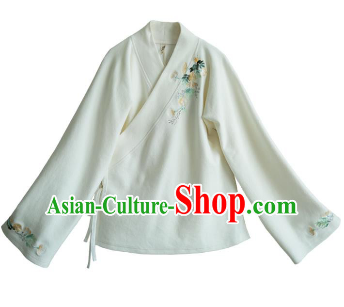 Traditional Chinese National Costume Embroidered Hanfu White Blouse Tangsuit Shirts for Women