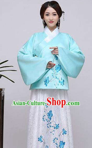 Traditional China Ancient Ming Dynasty Princess Costume Hanfu Blue Blouse and White Skirt for Women