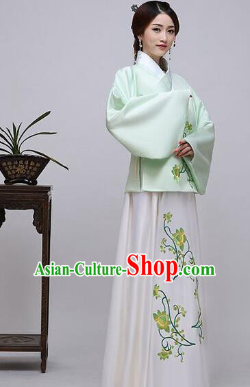 Traditional China Ancient Ming Dynasty Princess Costume Hanfu Green Blouse and White Skirt for Women