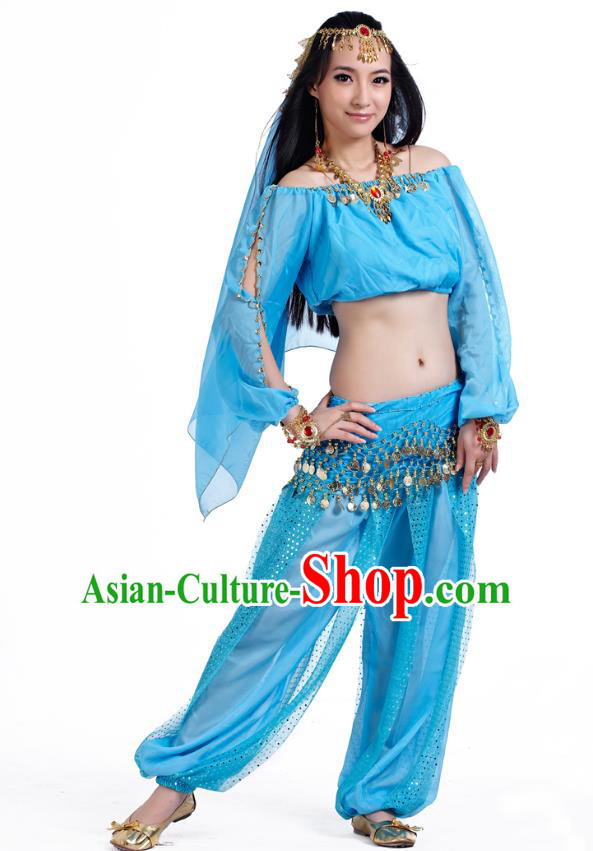 Top Indian Bollywood Belly Dance Blue Costume Oriental Dance Stage Performance Clothing for Women