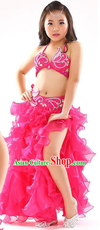 Top Indian Belly Dance Costume Bollywood Oriental Dance Stage Performance Rosy Dress for Kids