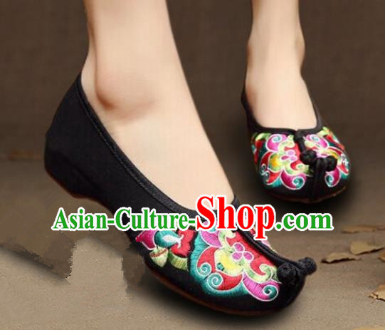 Asian Chinese Wedding Shoes Princess Shoes, Traditional China Handmade Hanfu Black Embroidered Shoes