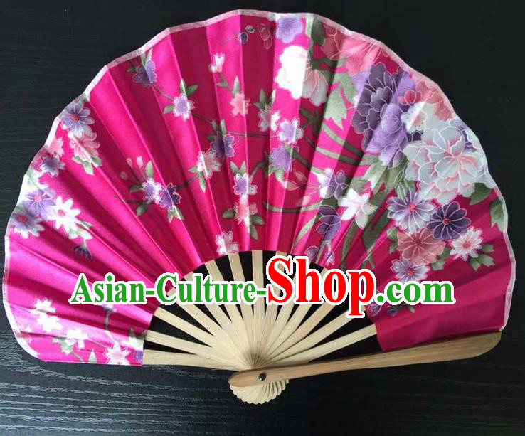 Asian Traditional Folding Fans Kimono Printing Flowers Rosy Satin Fans Dance Fan for Women