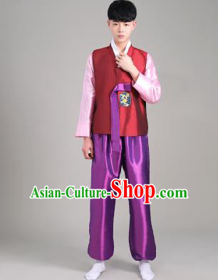 Asian Korean Palace Costumes Traditional Korean Bridegroom Wine Red Hanbok Clothing for Men