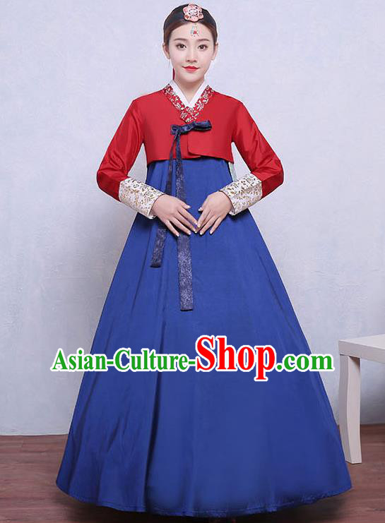 Asian Korean Dance Costumes Traditional Korean Dress Hanbok Clothing Red Blouse and Navy Skirt for Women