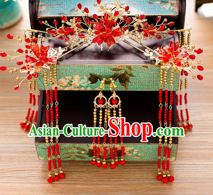 Chinese Handmade Classical Wedding Hair Accessories Ancient Xiuhe Suits Red Beads Phoenix Coronet Hairpins for Women