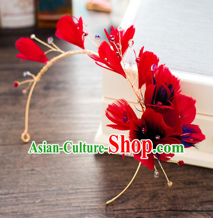 Handmade Classical Wedding Hair Accessories Bride Headwear Red Feather Hair Clasp for Women