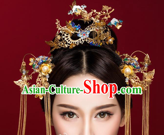 Chinese Handmade Classical Hair Accessories Ancient Palace Cloisonne Phoenix Coronet Hairpins Complete Set for Women