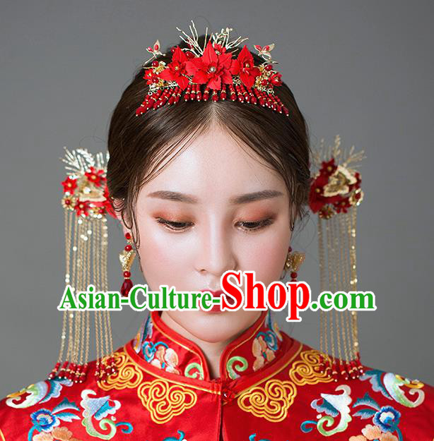 Chinese Handmade Classical Hair Accessories Ancient Palace Red Tassel Phoenix Coronet Hairpins for Women