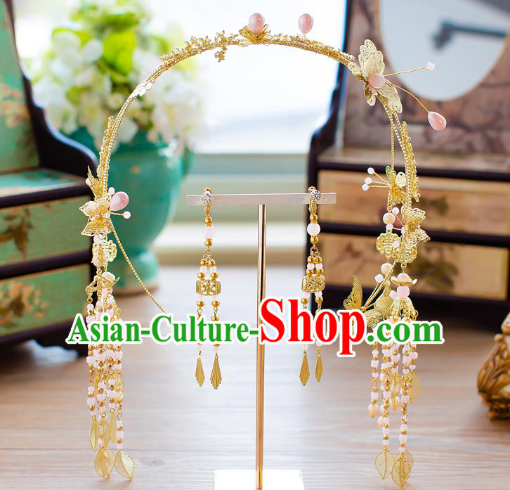 Handmade Classical Wedding Hair Accessories Bride Golden Tassel Hair Clasp and Earrings Headwear for Women