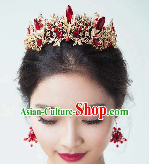 Handmade Classical Hair Accessories Baroque Luxury Red Crystal Hair Clasp Royal Crown Headwear for Women