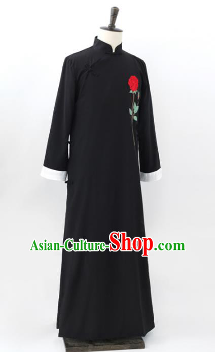 Traditional Republic of China Nobility Childe Costume, Chinese Cross Talke Clothing Black Long Robe for Men