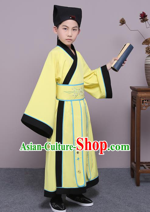 Traditional China Han Dynasty Minister Costume, Chinese Ancient Scholar Hanfu Yellow Robe Clothing for Kids