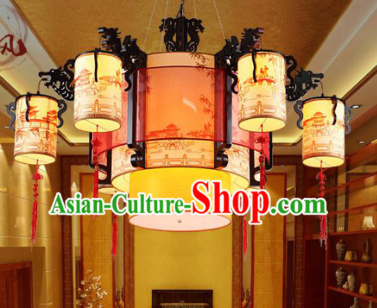 Traditional Chinese Dragon Head Hanging Palace Lanterns Handmade Six-Lights Lantern Ancient Ceiling Lamp