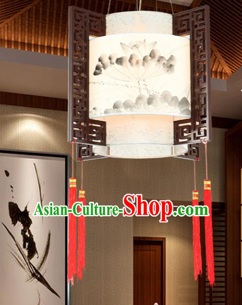Traditional Chinese Ink Painting Lotus Ceiling Palace Lanterns Handmade Wood Hanging Lantern Ancient Lamp